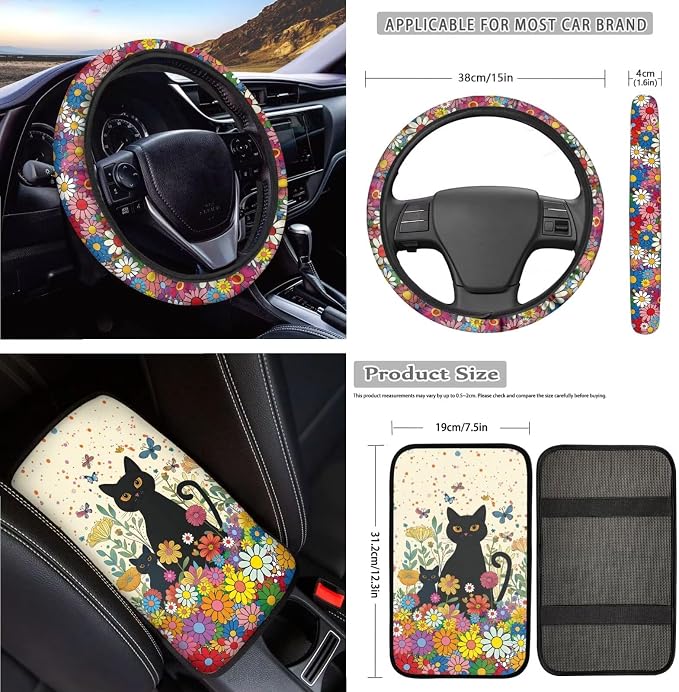 Cat Daisy Print 18Pcs Car Seat Cover Full Set Includes Auto Seat Covers Headrest Covers Steering Wheel Cover Safety Belt Pad Center Console Pad, Car Interior Accessories Set