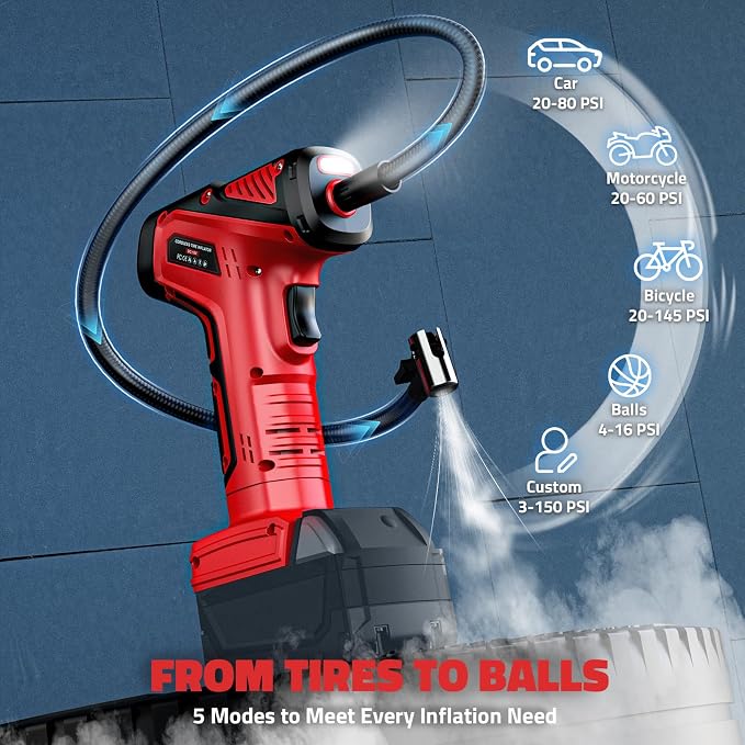 DIYtoolifz 150PSI Tire Inflator Portable Air Compressor: Cordless Air Pump Compatible with Milwaukee 18V Battery - Car Tire Pump with LCD Display & LED Light for Auto, Motorcycles (Tool Only)