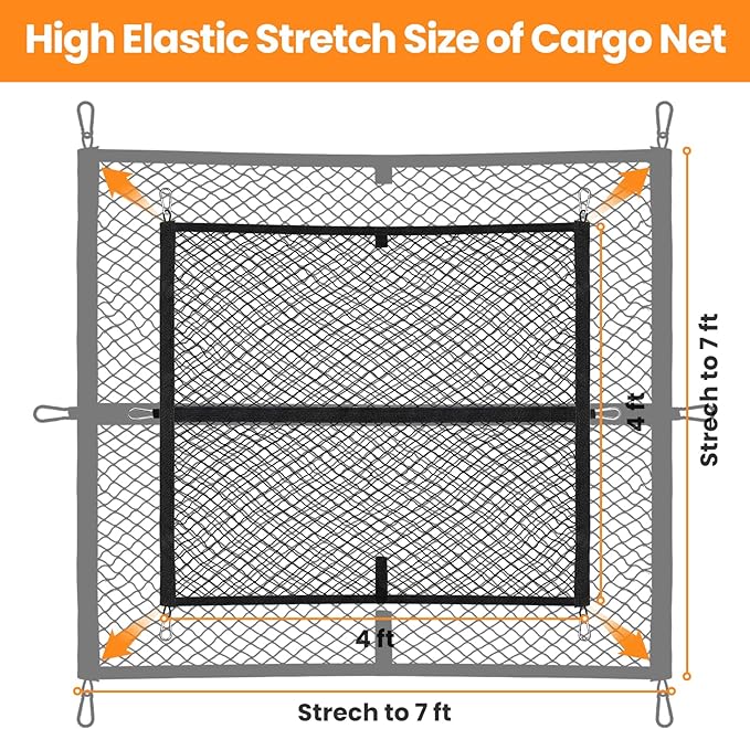 Highly Elastic Cargo Net for Pickup Truck Bed & All Metal Front Center Seat Headrest Organizer with Cup Holder Compatible with 2011-2025 2026 Ford F150 F250 F350 F450 F550 F650