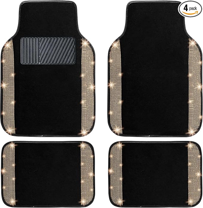 NBTEPEM Bling Car Floor Mats Full Set, Universal Fit Most Cars,SUV, Trucks, 4 pcs Sparkle Glitter Diamond Carpet for Women Girls with Anti-Slip Pad (Champagne Diamond)