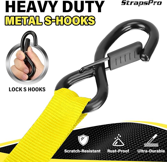 Retractable Ratchet Straps, 1763lb Break Strength Yellow Self Retracting Ratchet Straps Heavy Duty with Soft Loops, 1'' x 10FT Auto Tie Down Straps Easy Retract for Motorcycle, Truck, Cargo, 4 Pack