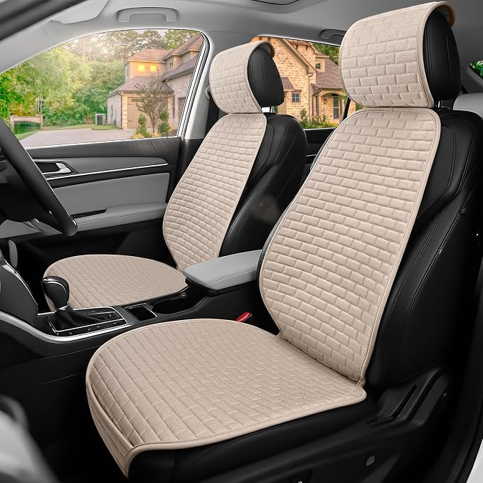 Linen Car Seat Covers Front Seat Covers - 2 PCS Durable & Non-Slip Breathable Cloth Fabric Car Seat Protector, Universal Fit for Most Automotive, Vans, SUVs, Trucks - Beige