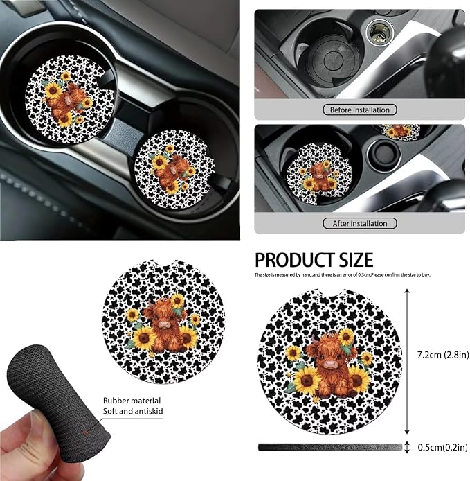 Highland Cattle Cow Sunflower Print 15pcs Car Accessories, Full Set Seat Covers, Streering Wheel Cover, Trash Bin, Seat Belt Pad, Keychain, Air Vent Bag, Coasters, for Most Van SUV Sedan
