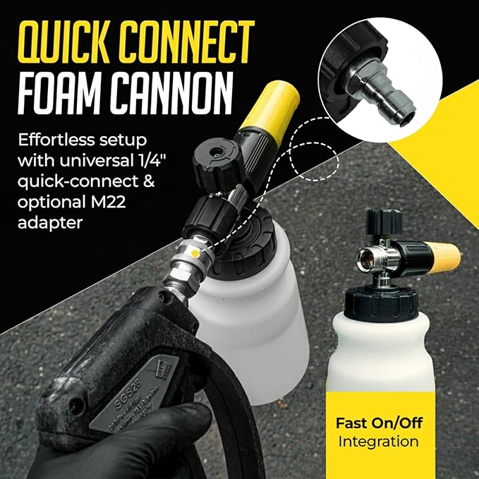 Hornet Foam Cannon for Pressure Washer - Soap Dispenser for Power Washer - 4000 PSI Adjustable Car Wash Sprayer with Wide Mouth - 1/4" Quick Connector - Wide Mouth 1L Bottle