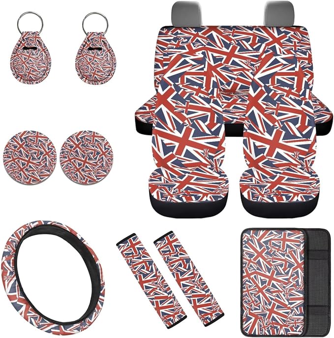Union Flag 12 Pack Car Seat Covers Full Set with Car Steering Wheel Cover Arm Rest Cover Auto Seat Belt Cover Cup Coasters and Keychain Holder Universal Fit Most Cars SUV