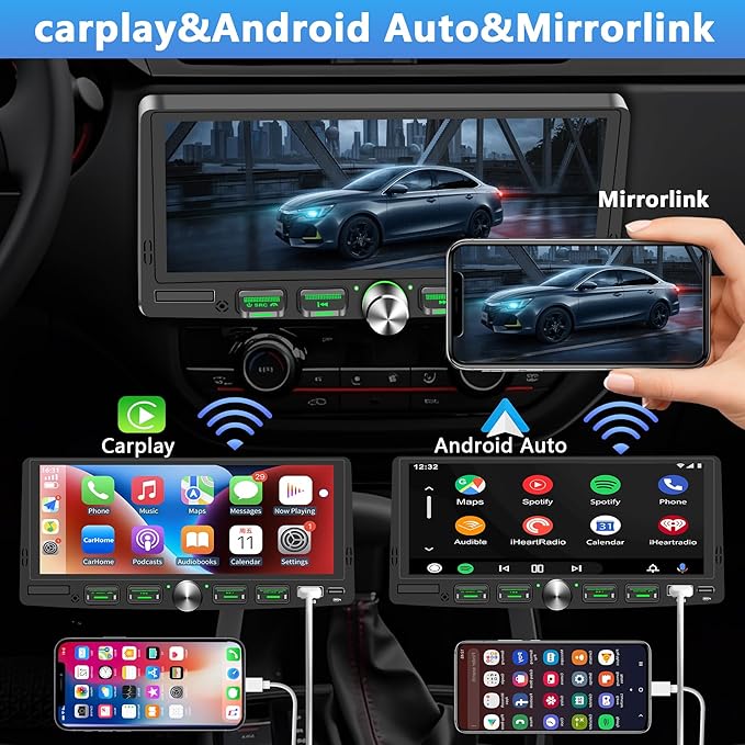 Single Din Touchscreen Radio with Wireless Apple CarPlay & Android Auto, 6.9" IPS Car Stereo with Bluetooth, Mirror Link, FM/AM,EQ, USB/Type-C, SWC, HD Backup Camera, Microphone for Car Audio Upgrade
