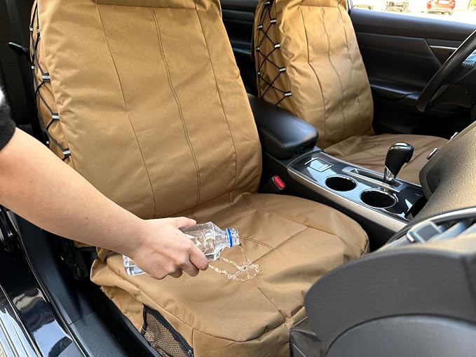Tan Seat Covers for Cars Trucks SUV, Universal Canvas Tactical Multi-Pockets Organizers Rain Defender, Waterproof Seat Protectors Front Set (Tan)