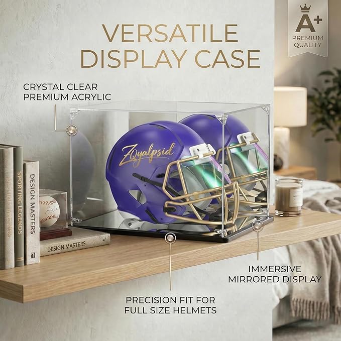 Acrylic Football Helmet Display Case for Full Size Helmets, Clear Memorabilia Display Box with Double Mirrored Back & Base, Dustproof Showcase for Baseball & Motorcycle Helmets, Black Base