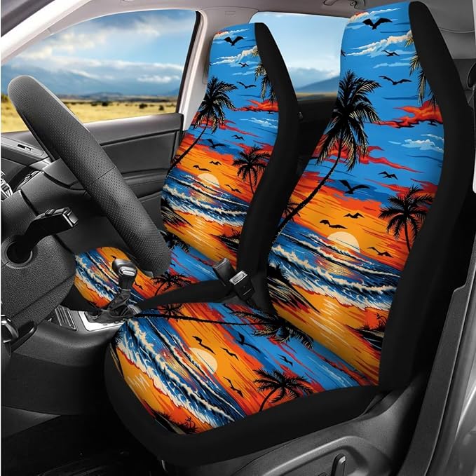 Bulopur Tropical Palm Tree Sunset Car Seat Covers Full Set with Matching Steering Wheel Cover Console Armrest Cover Car Accessories Seat Belt Covers Headrest Covers Car Interior Decor