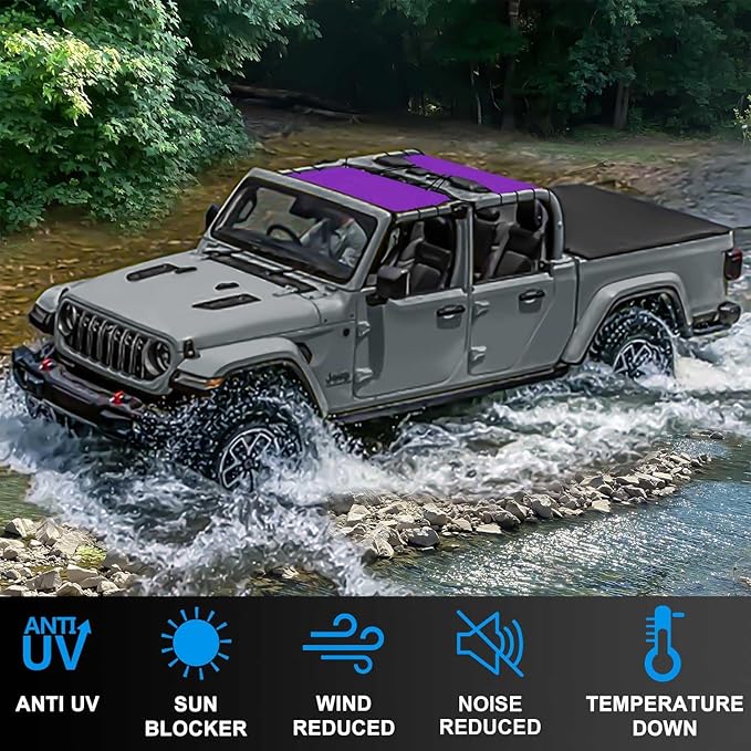 JT Top Sun Shade Roof Compatible with Jeep Gladiator 4 Door 2018 to 2023 Sunshade Sunroof Bikini Cover Blocks UV Wind Noise Purple Mesh for Front and Rear 2 pcs