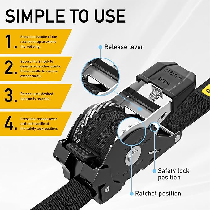 AUGO Self-Locking Retractable Ratchet Straps | 2 Heavy Duty Self-Tensioning Retractable Tie Down Straps with Soft Loops & Storage Bag | for Motorcycle, Truck, Cargo | 1500Lb Break Strength 1” x 12’