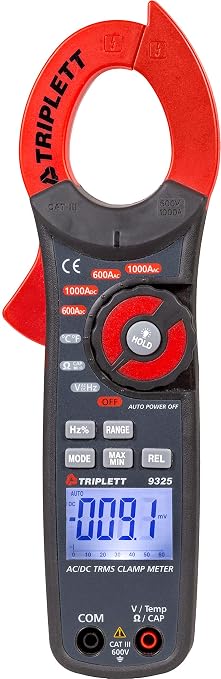 Triplett 9325 True RMS 6000 Count Clamp-On Digital AC/DC Meter - Current, Voltage, Resistance, Frequency, Capacitance, Temperature, Continuity, Diode Check, and Duty Cycle