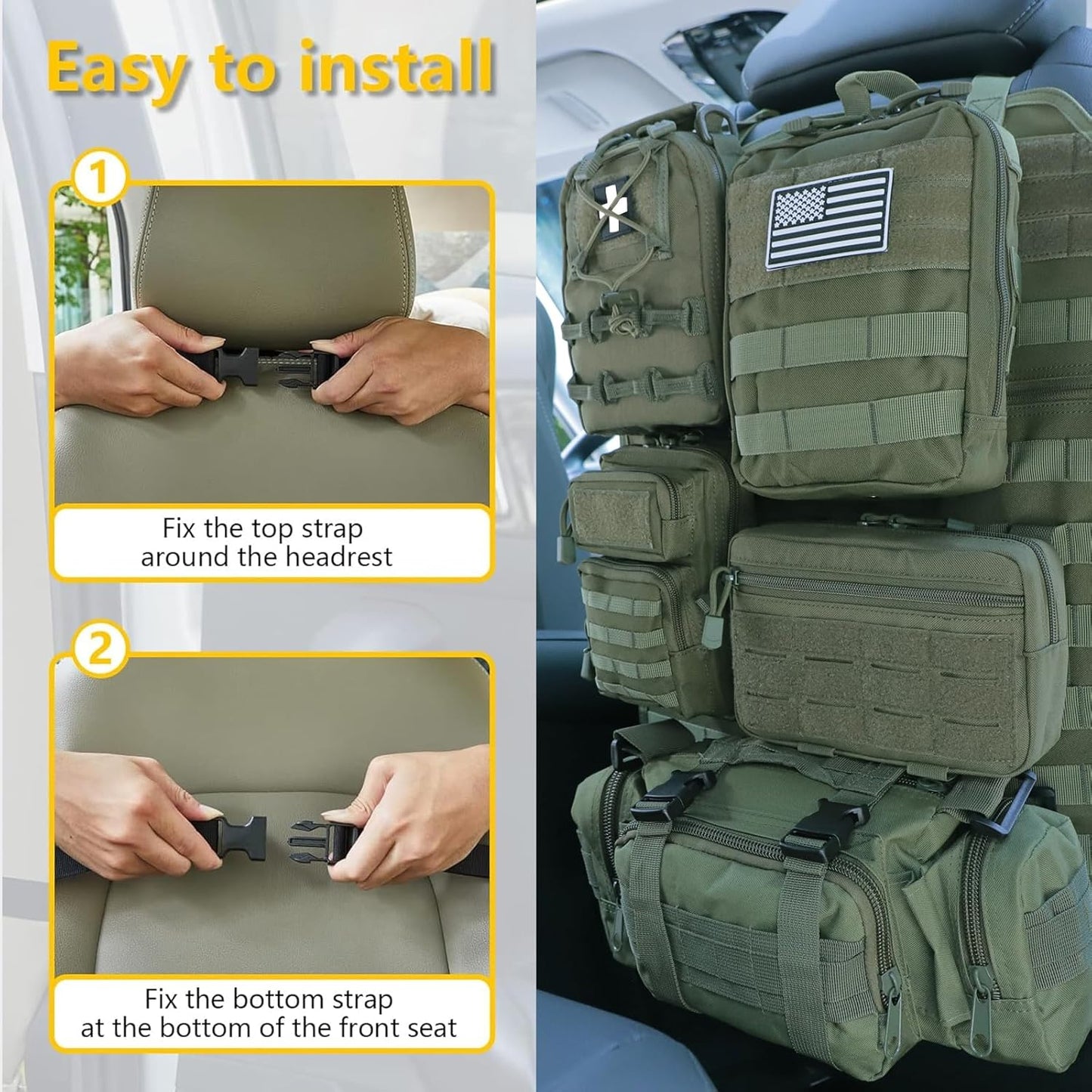 Universal Tactical Seat Back Organizer Vehicle Molle Panel Organizer Storage Bag with 5 Detachable Molle Pouch for All Vehicel Such as Jeep,Truck,SUV, Car, Ford,Chevy etc
