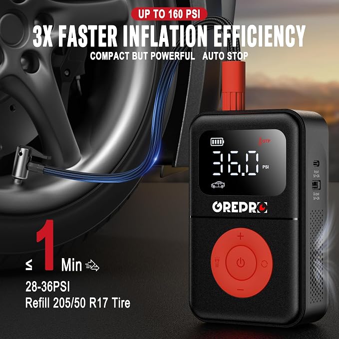 GREPRO 3000A Car Jump Starter (10L Gas & 8.0L Diesel Engines) &Tire Inflator Portable Air Compressor, 160 PSI Portable Air Pump, 3X Faster Air Pump with Digital Pressure Gauge