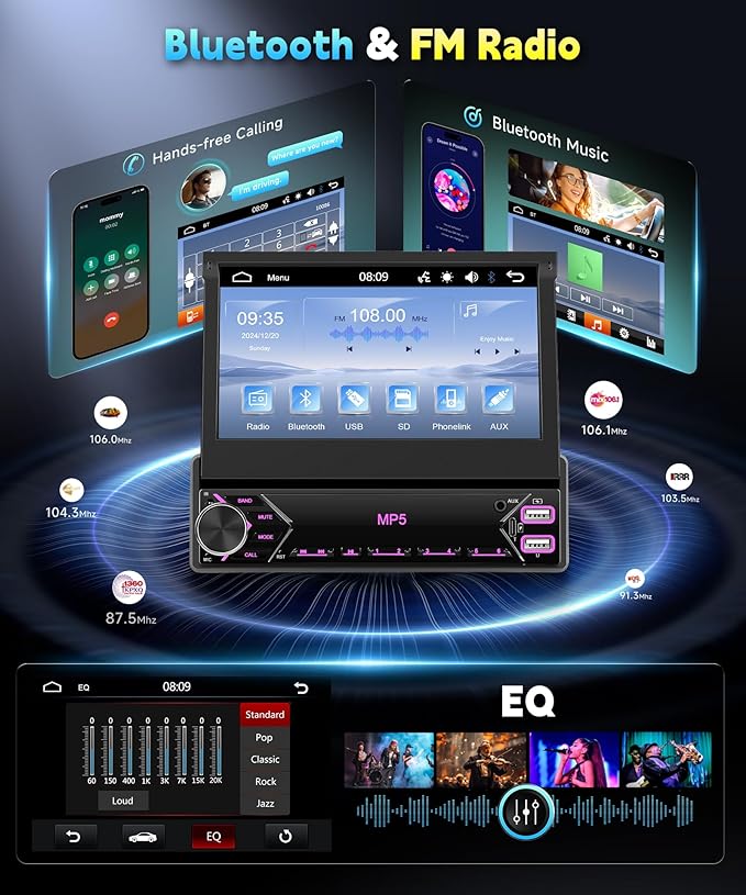 7 inch Single Din Flip Out IPS Touchscreen Car Stereo, 1 Din Car Stereo with Bluetooth Car Audio Receivers, Backup Camera, FM Radio/Mirror Link/USB/AUX/TF/Type-C Fast Charging