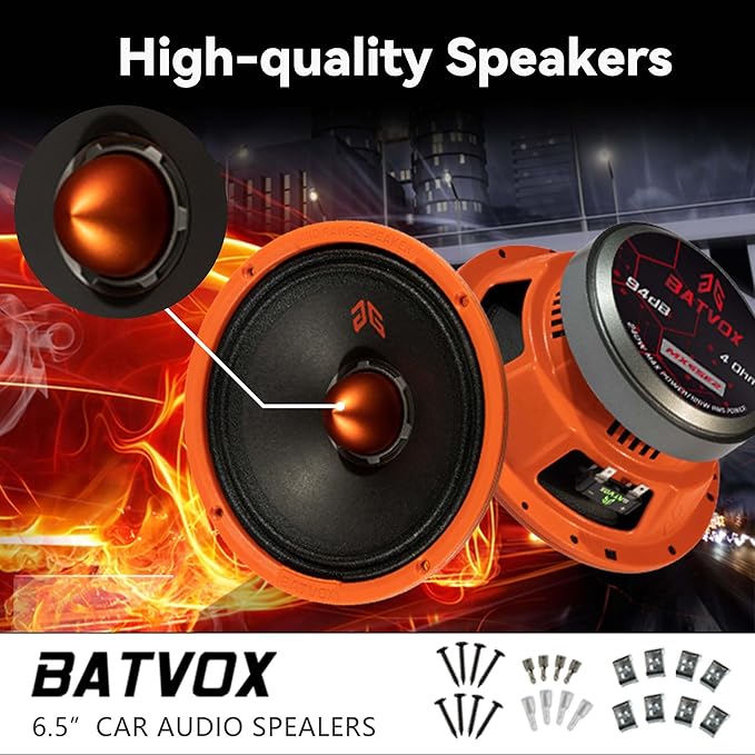 MX65E2 Loudspeaker 6.5 Inch Midrange 480 Watts 4 Ohms Orange Bullet, Premium Quality Audio Door Speakers for Car or Truck Stereo Sound System, Orange (2 Speakers)