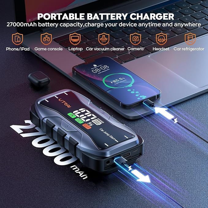UTRAI 8000A Portable Jump Starter for Car, 12V Jump Box for Car Battery, All Gas & 12L Diesel Engines, 27000mAh Jump Pack with 65W USB-C Fast Charging, 2 USB & DC Output, 600LM LED Flashlight