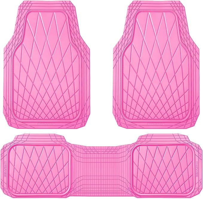 CAR PASS Piping Luxury Leather Two Front Car Seat Covers and 3 Piece Heavy Duty Deep Dish All Weather Rubber Car Floor Mats, Universal Fit for 95% Sedan SUV Van Truck, All Pink