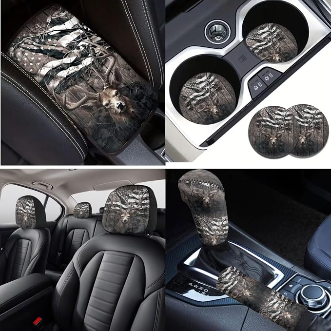 Lotusorchid 16 Pcs American Flag Deer Print Car Seat Covers Full Set with Steering Wheel Cover, Seat Belt Pad Center Console Cover Headrest Cover Gear Shift Knob Cover Car Coaster, Brown
