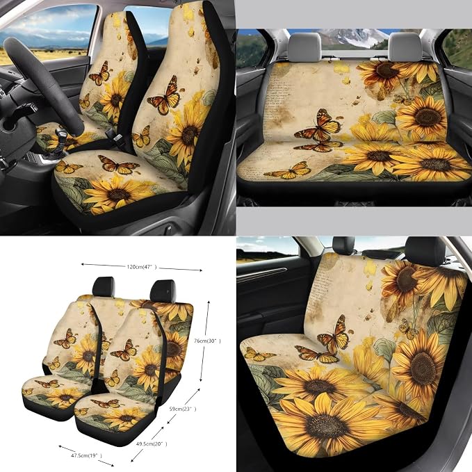 Butterfly Sunflower Print Car Seat Covers Full Set with Steering Wheel Cover Safety Belt Pads Rearview Mirror Cover Garbage Bag Car Air Vent Organizer Cup Cushions for Women