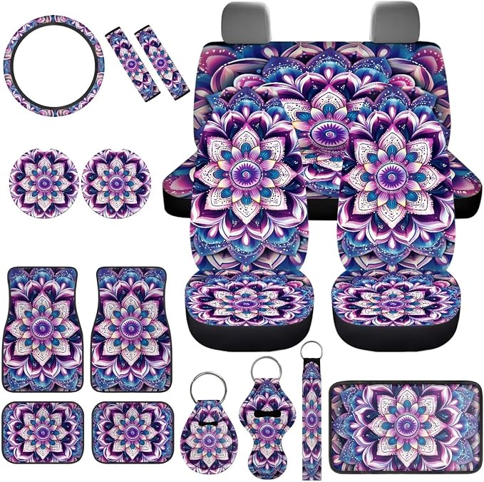 Purple Hippie Lotus Car Seat Covers Full Sets of 17Pcs Boho Lotus Car Accessories Set with Auto Front Rear Foot Carpet Car Seat Belt Cover Steering Wheel Cover,Universal Fit for Most Car SUV