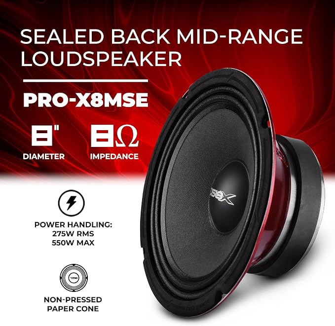 DS18 PRO-X8MSE Loudspeaker - 8", Midrange, Sealed Basket, 550W Max, 275W RMS, 8 Ohms - Premium Quality Audio Door Speakers for Car or Truck Stereo Sound System (1 Speaker)