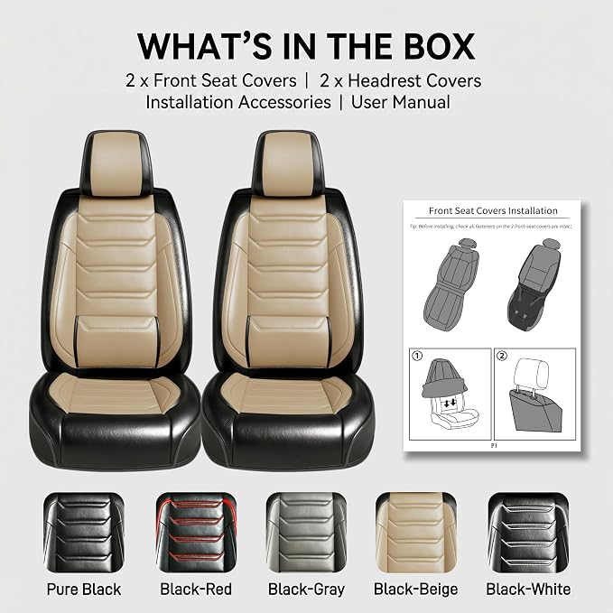 Fit XTS Car Seat Covers (Front Pair) for Cadillac XTS 2013-2019 - Premium Full Coverage Leather, Airbag Compatible & Scratch-Resistant, Waterproof & All Weather Seat Protector, Black+Beige