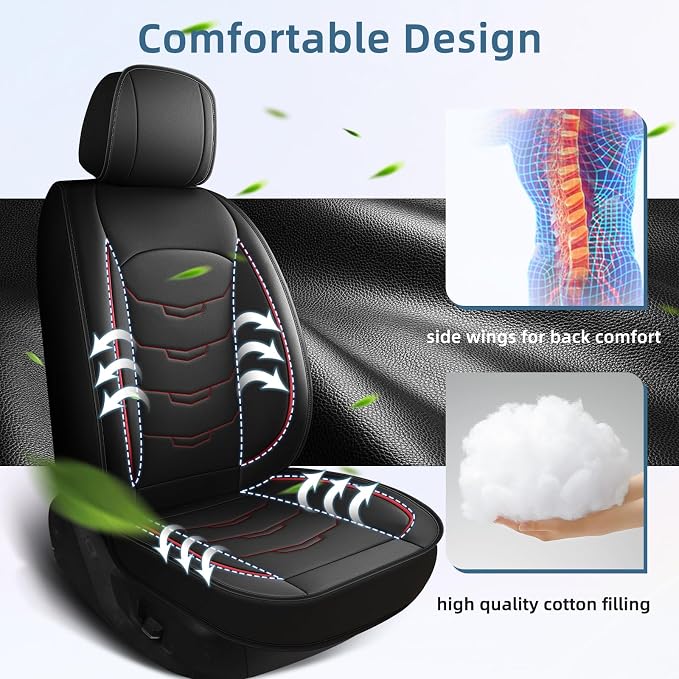 2 Front Seat Covers Fit for Dodge Avenger 2008-2014 Car Luxury Leather Waterproof Scratch-Resistant Protectors Automotive Seat Cushion with Airbag Compatible (2 Seats,Black&Red)