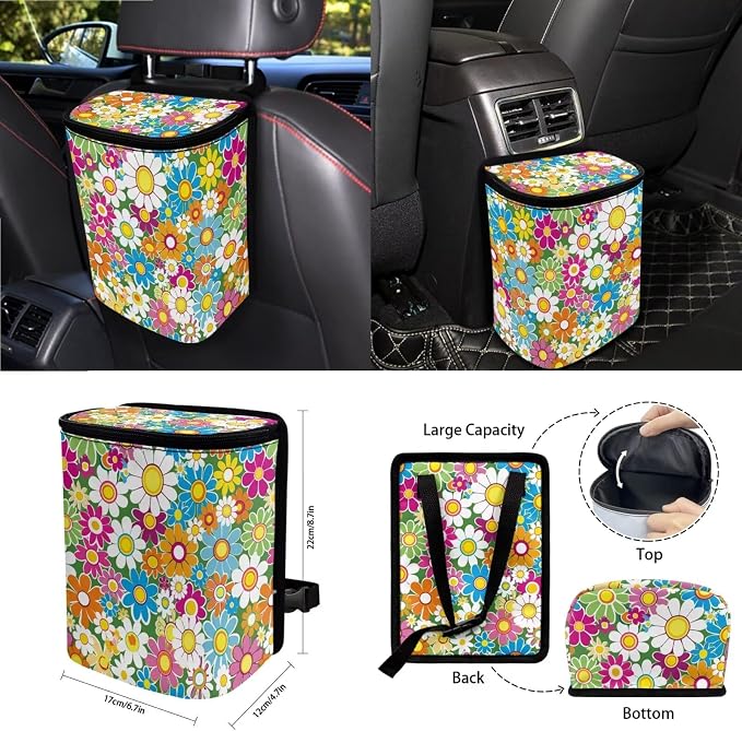 15Pcs Car Seat Cover Full Set Car Steering Wheel Cover Seat Belt Cover Trash Bin Air Vent Storage Box Front Rear View Mirror Car Cup Holder Keychain, Vibrant Hippie Flower