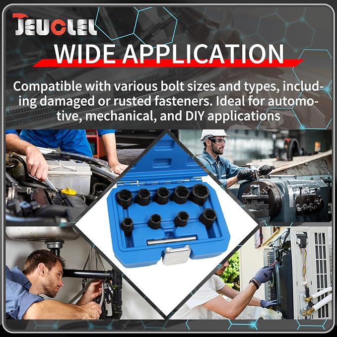 10PCS Twist Lug Nut Socket Set - 3/8 inch Drive Damaged Nut Lock Remover Extractor - Rusted & Stubborn Locking Nut Removal Tool Kit Center Punch Bar