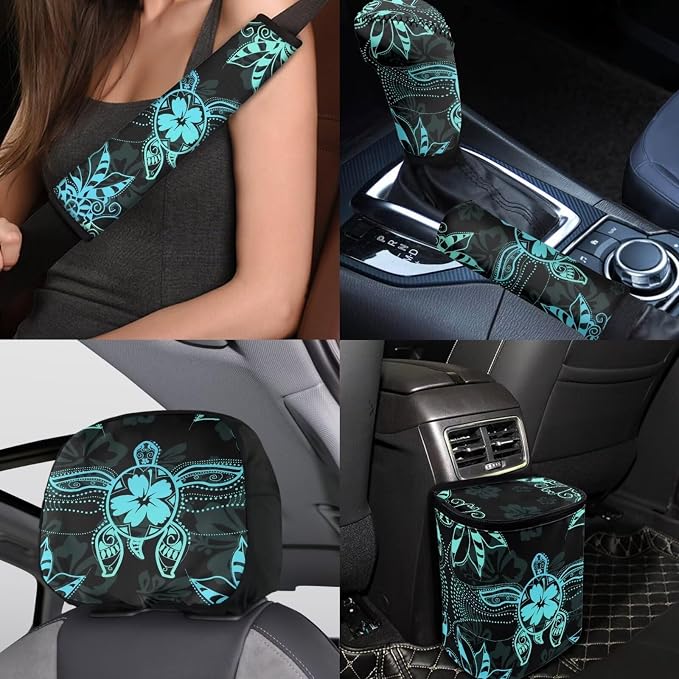 BIGCARJOB Art Sea Turtle Car Seat Cover Set of 15 Pcs Car Interior Seat Accessories Full Set with Universal Steering Wheel Cover,Car Trash Can,Seat Belt Pads,Seat Headrest Cover Set