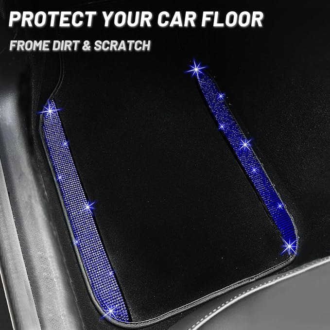 NBTEPEM Blue Bling Car Floor Mats Full Set, Universal Fit Most Cars,SUV, Trucks, 4 pcs Sparkle Glitter Diamond Carpet for Women Girls with Anti-Slip Pad (Blue Diamond)