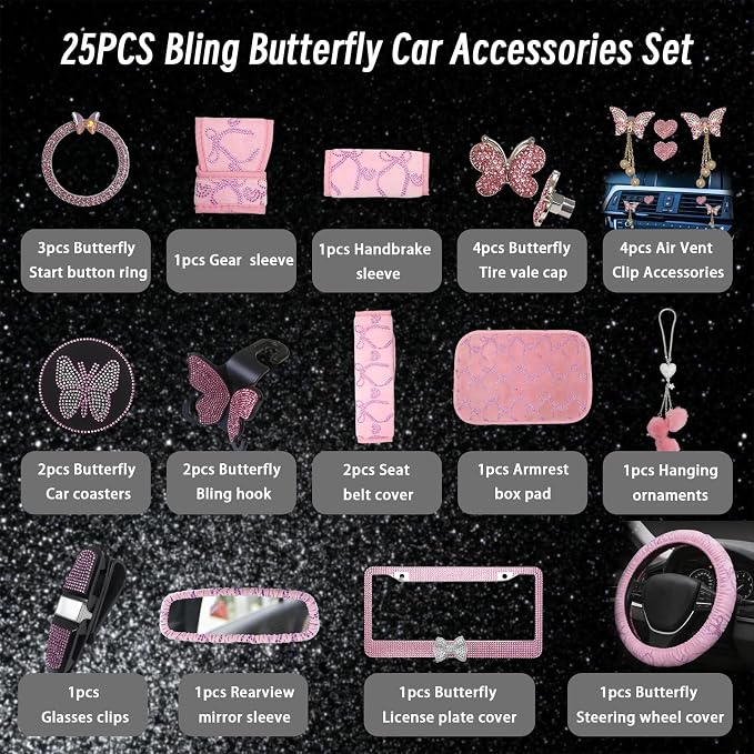 25 Pcs Butterfly Bling Women's Car Accessories Set,Universal 15 Inch Steering Wheel Cover,Bling Butterfly License Plate Frame and Car Coasters(Pink)