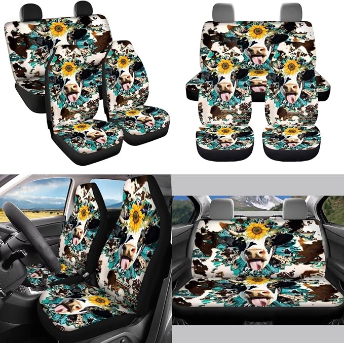 Funny Cow 13 Pcs Car Seat Covers with Steering Wheel Cover,Seat Belt Covers Cup Holder with Keychain Novelty Automotive Protector Set Universal Fit Automotive Most Cars