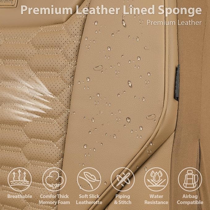 CAR PASS 3D Foam PU Leather Car Seat Covers Front Seats,Tan Faux Leather Front Seat Covers for Cars, Universal Fit for SUVs Trucks Vans Sedans Automotive, Armrest Airbag Compatible,Beige