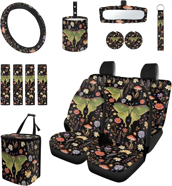 15 Pcs Mushroom Dasiy Moth Car Seat Covers Full Set for Women Cute Car Accessories Interior Car Steering Wheel Cover Seatbelt Covers Trash Bin Rear View Mirror Cover Cup Holders Keychain