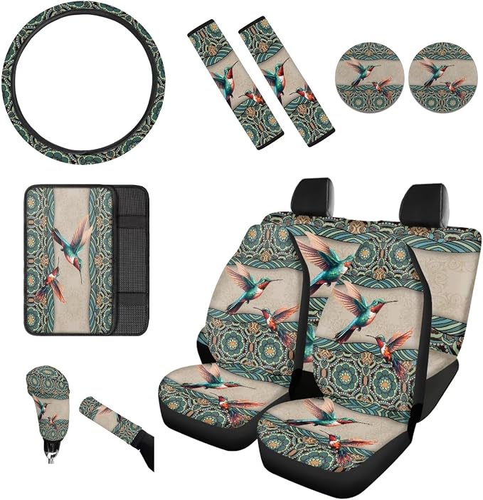 BIGCARJOB Hummingbird Car Seat Cover Full Set of 12 Pieces Boho Lotus Print Auto Interior Seat Accessories Set with Seat Belt Pads Cover,Steering Wheel Cover,Cup Holder for Women Hippie Lotus Gifts