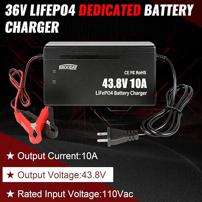 36V 10A LiFePO4 Battery Charger, 43.8V Lithium Battery Charger, Fast Charging, Over-Current and Over-Voltage Protection for 36V Lithium Iron Phosphate Batteries