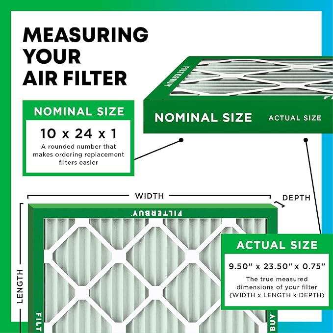 Filterbuy 10x24x1 Air Filter MERV 13 Optimal Smoke & Allergy Defense (3-Pack), Electrostatic Pleated HVAC AC Furnace Filters Replacement (Actual Size: 9.50 x 23.50 x 0.75)