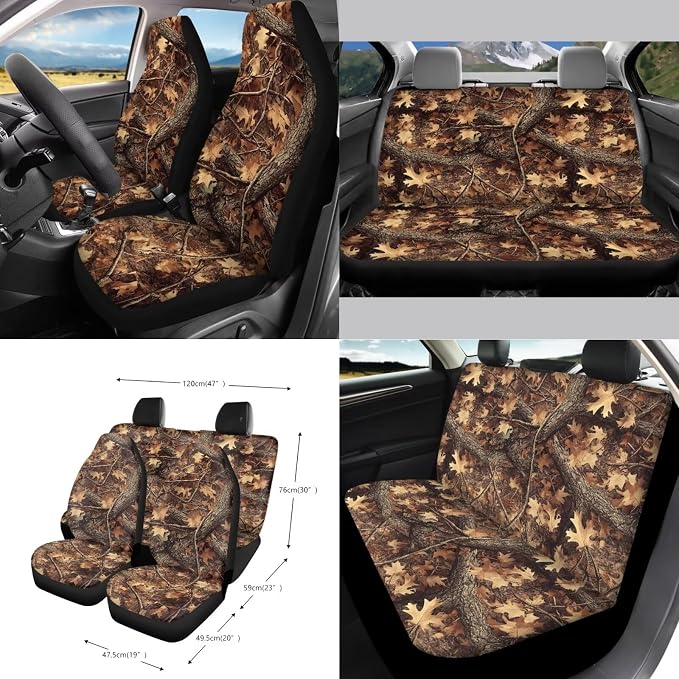 Hunting Camo Print Car 15pcs Accessories, Full Set Seat Covers for Cars Steering Wheel Cover Seat Belt Pads Trash Can Air Vent Pocket Mirror Cushion Coasters Universal Fit