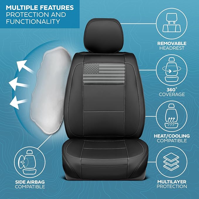 MotorBox American Black Flag Seat Covers for Trucks, Cars, & SUV - Napa Leather US Car Seat Covers American Flag Truck Accessories - Car Seat Cover American Flag Car Accessories Car Seat Protector
