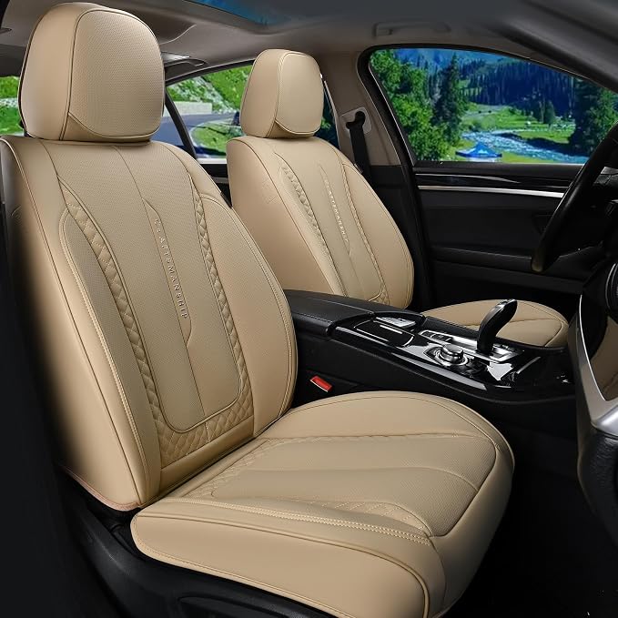 Coverado Car Seat Covers Full Set, Beige Seat Covers Front Seats Back Seat Covers, Nappa Leather Waterproof Car Seat Cover, Car Seat Cushion, Car Seat Protector Universal Fit Most Cars