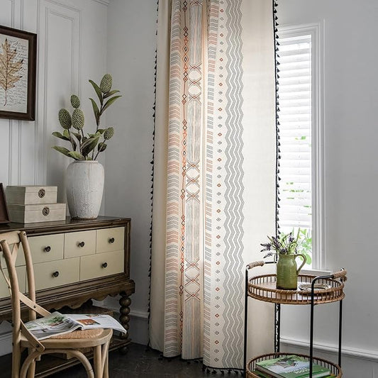 ColorBird Boho Curtains 2 Panels Orange Patterned Window Treatment Striped Geometric Aztec Western Curtain & Drapes for Living Bedroom Dining Room 63 Inch Length Boho Chic Deco