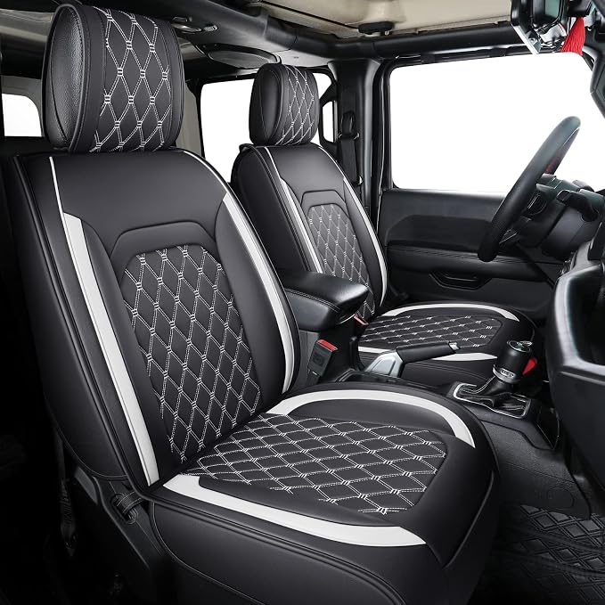 Aierxuan Wrangler JK JL Front Seat Covers Custom Fit 2/4 Door 2007-2026 Unlimited Rubicon 392 Sahara Willys Sport High Altitude Truck Pickup Waterproof Leather Cushions, Black-White