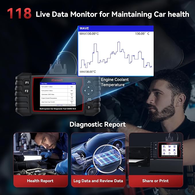 iCarsoft VAWS V2.0 2026 Ver All System Diagnostic Tool for VW Audi Bentley Bugatti Seat Man LD Skoda Etc 9 Services Live Data Battery Test OBD2 Scanner Lifetime Free Update Check Engine Code Reader