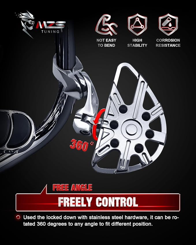 MZS Motorcycle Highway Pegs, 1.25" Short Angled Adjustable Wide Foot Peg Chrome Compatible with Softail Sportster Electra Road King Street Glide Vulcan VTX V Star Boulevard for 1 1/4 Engine Guards Bar