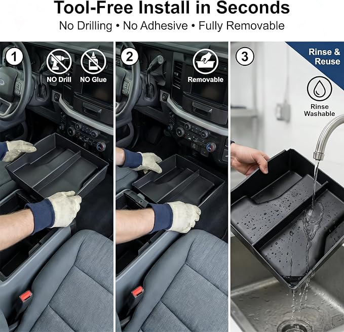 Center Console Floor Organizer for 2015-2026 Ford F150 & 2017-2026 F250 F350 F450 Super Duty Accessories, Beach Seat Front Storage Box Tray, Interior Accessories for f-150 (Jump Seat ONLY)