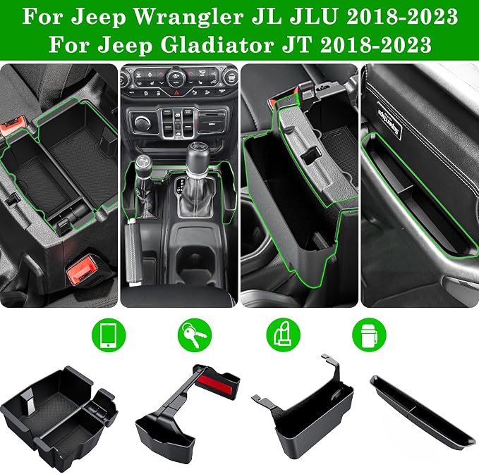 Center Console Organizer Bundle with Sun Visor Repair Kit Fitment for 2018-2022 2023 Jeep Wrangler JL JLU and Gladiator JT Accessories Gear Shift Side Tray Organizer,Hanging Armrest Storage Box