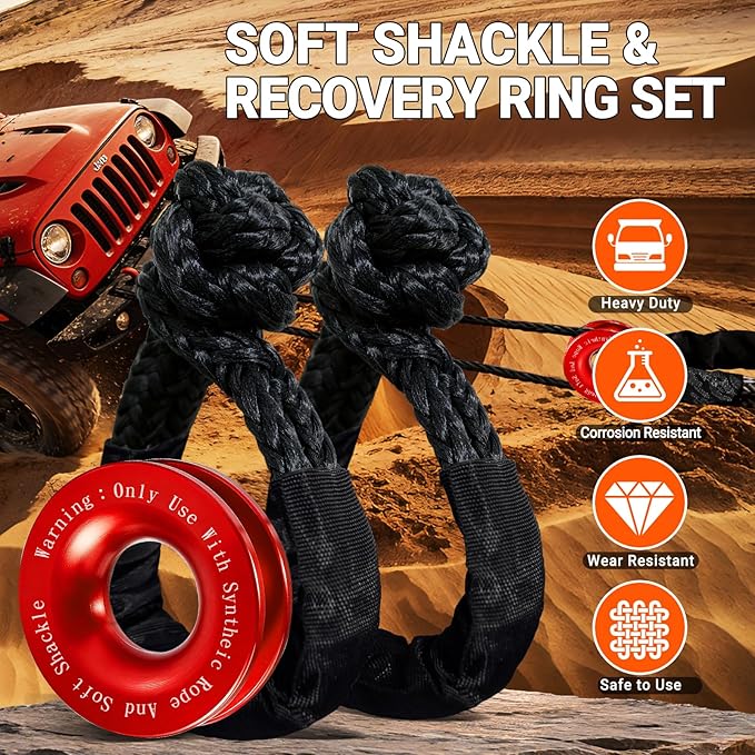 Synthetic Soft Shackle Rope 1/2" x 22" Black Recovery Tow Shackles with Red Recovery Ring 56,000lb Breaking Strength Soft Shackle Recovery Kit for SUV ATV Truck Jeep, Safer Than Metal Shackle