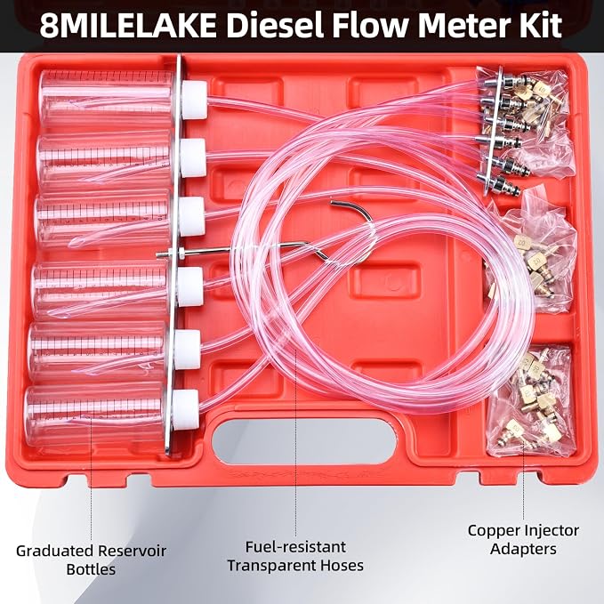 8MILELAKE Diesel Injector Flow Diagnostic Cylinder Common Rail Adaptor Test Tool Kit (Red)